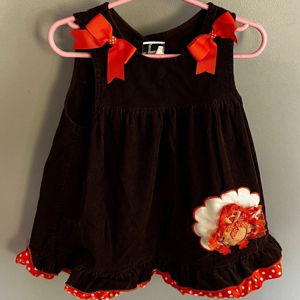 Thanksgiving Turkey Dress Baby Girl Dress ?Vintage Size 2T Bows Brown & Orange